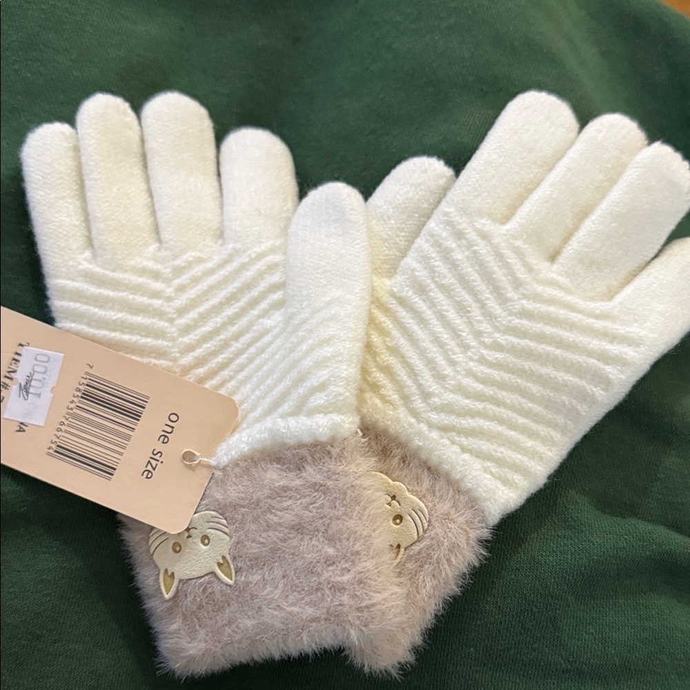 Cozy White and Tan Gloves with Cat Design